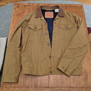 Waxed cotton trucker jacket, blanket-lined